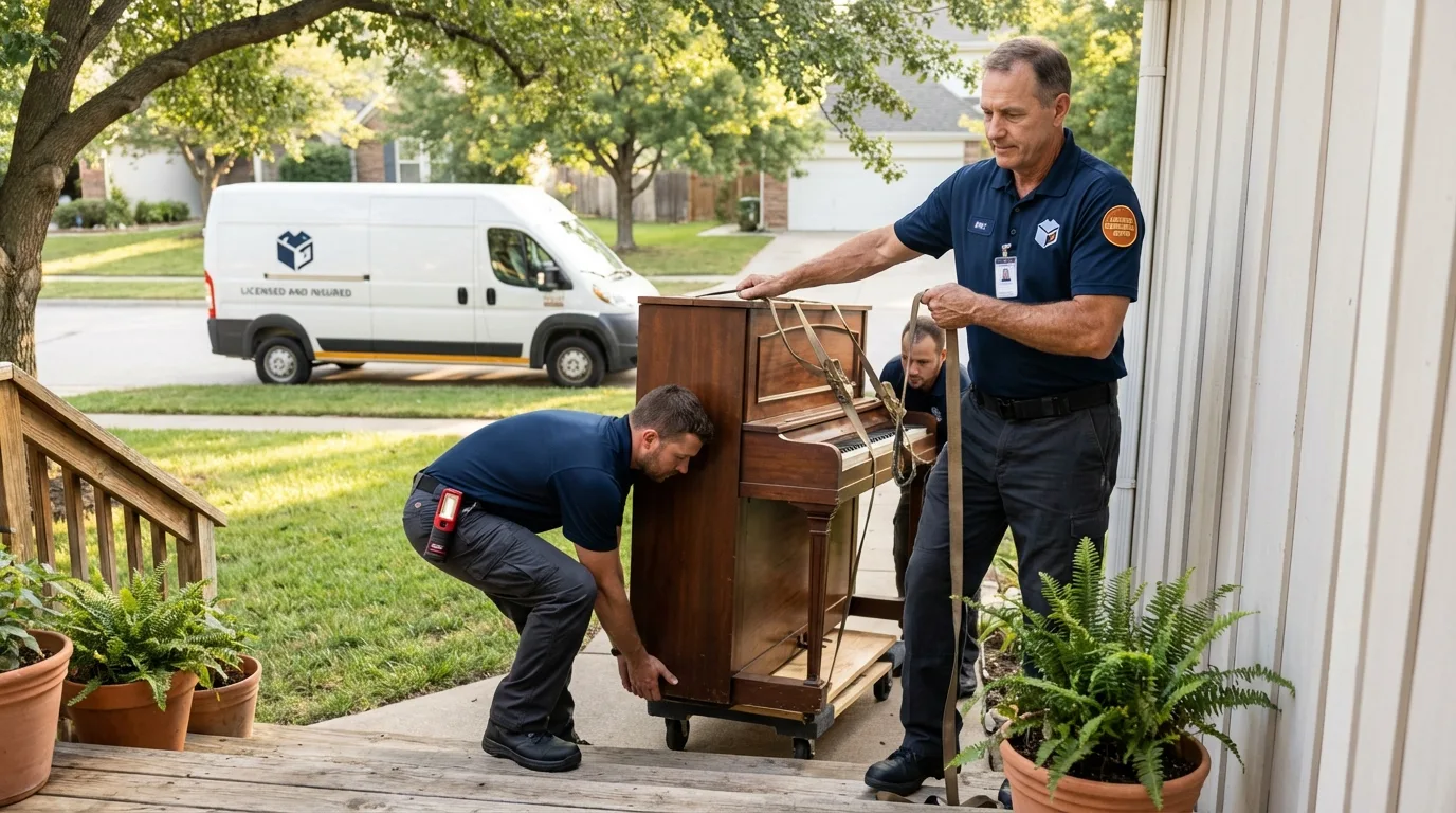 Licensed piano movers securing grand piano in Cayucos, CA