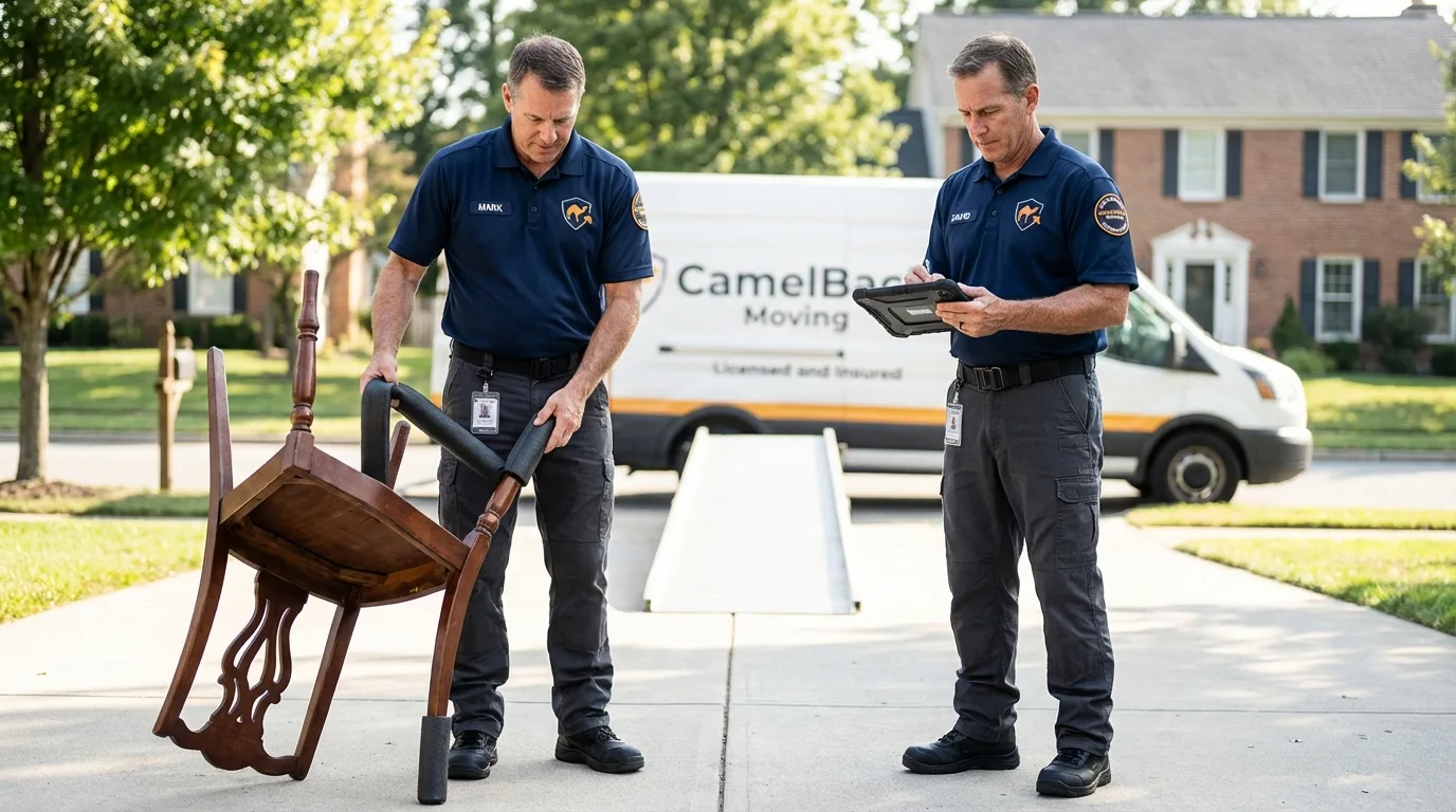 Movers inspecting furniture for damage prevention before loading in Cayucos, CA