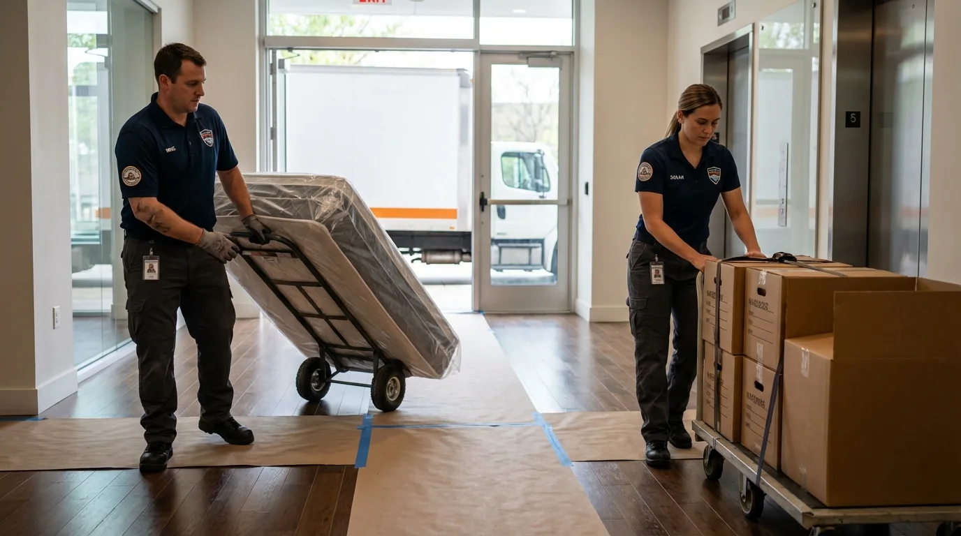 Professional apartment movers loading elevator in Cayucos, CA