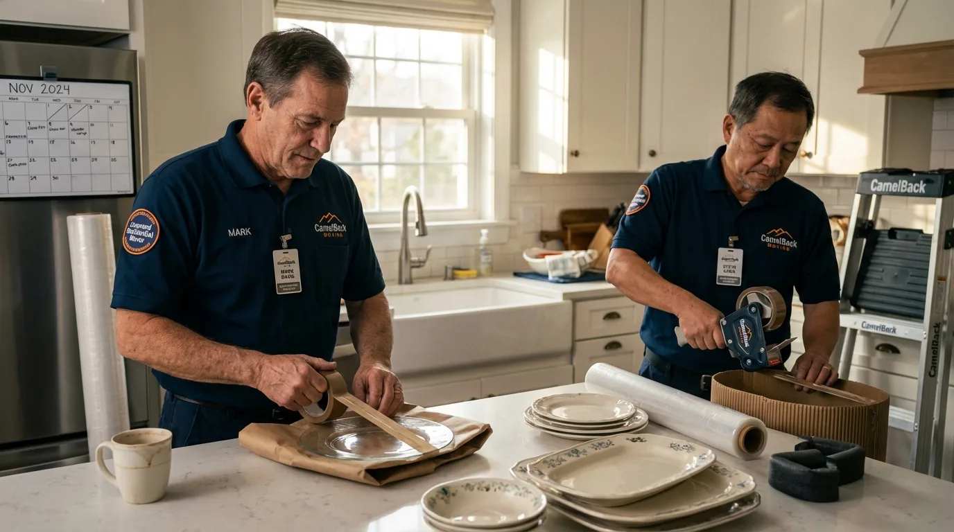 Professional crew packing kitchen dishware in Cayucos, CA